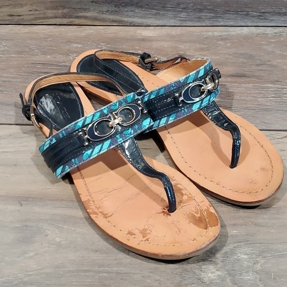 Coach Sammy Jacquard flip flop sandals ankle straps shoes sz 7B